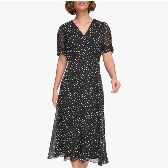 DKNY Womens Short Sleeve V-Neck Empire Waist Midi Black White Polka Dot - Picture 1 of 17